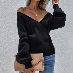 Cozy Black Off Shoulder Ribbed Knit Sweater Top